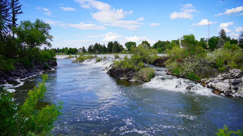 The landscape of city Idaho Falls: Waterfall on the Snake River in central city Idaho Falls