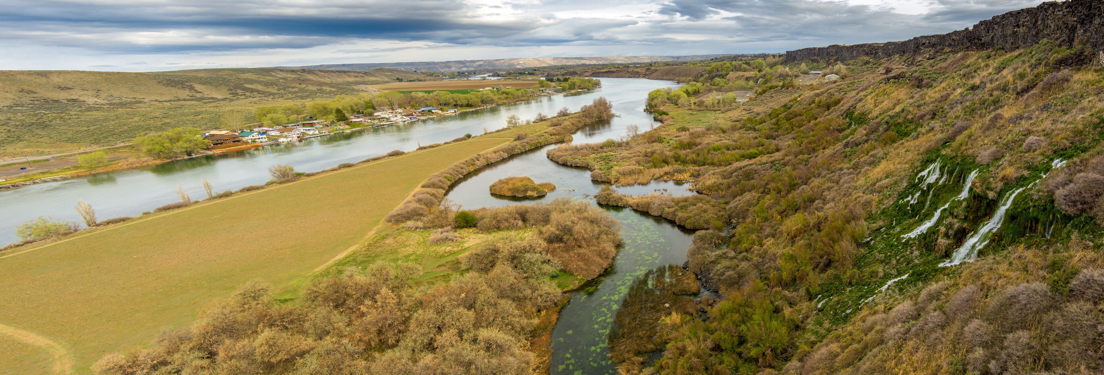 Aerial view of Ritter island and Hagerman valley with the Snake river Idaho