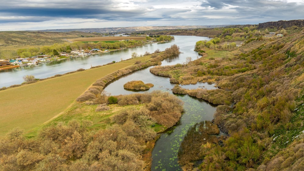 Aerial view of Ritter island and Hagerman valley with the Snake river Idaho