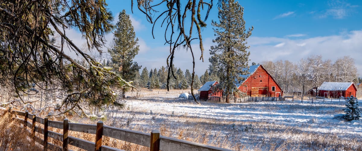 Red barn on a farm winter Idaho