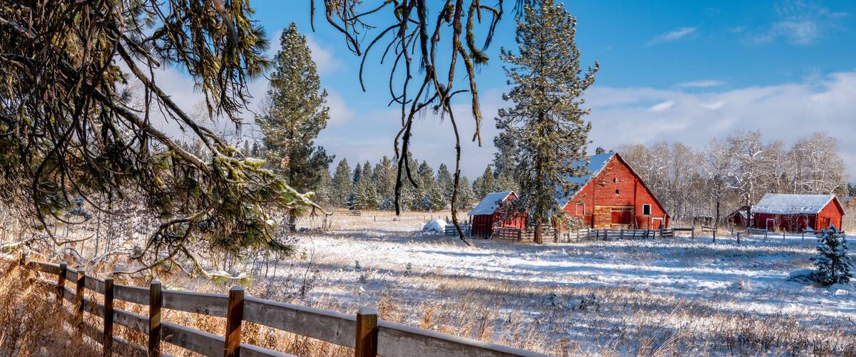 Red barn on a farm winter Idaho