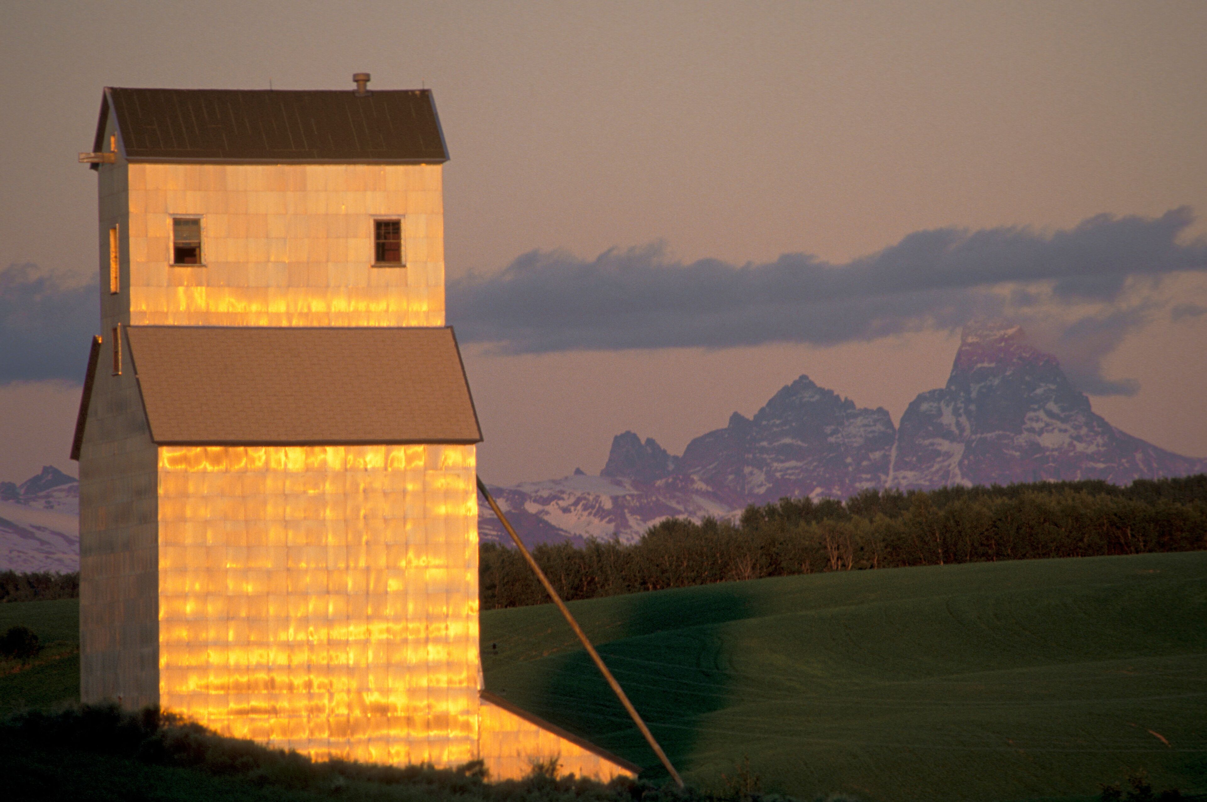 A grain silo at sunset in Tetonia, Idaho.