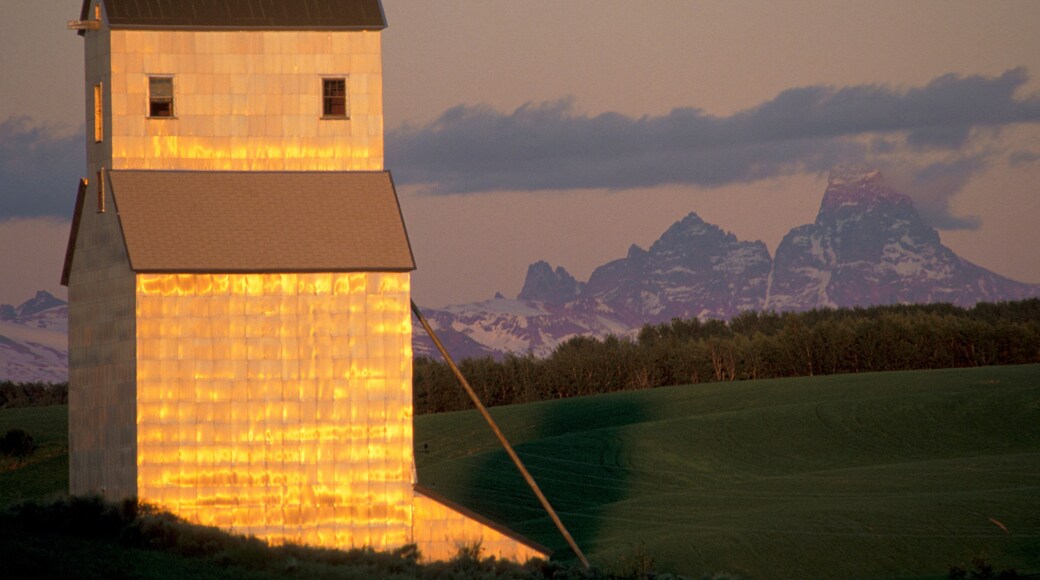 A grain silo at sunset in Tetonia, Idaho.