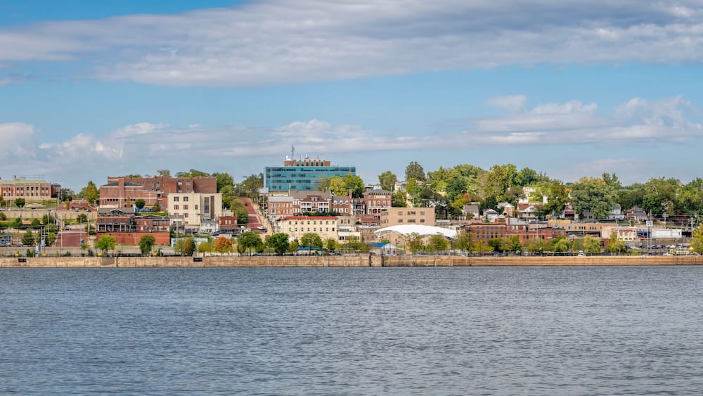 cityscape panorama of Alton in Illinois on a shore of the Mississippi River, a view from the Missouri shore