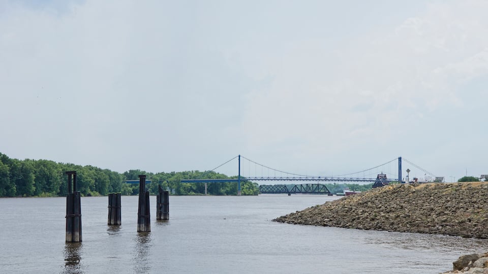 A river with a bridge in the background and wooden posts in the water.