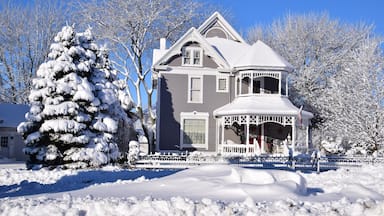A snow-covered house with a porch and a snow-covered tree in front.