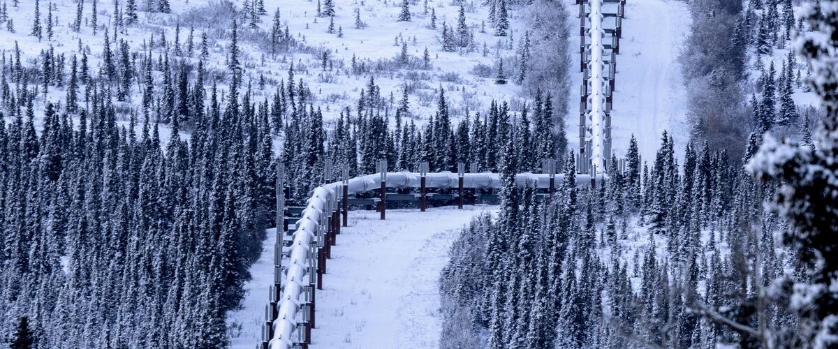 A snow-covered railway track winding through a forest.