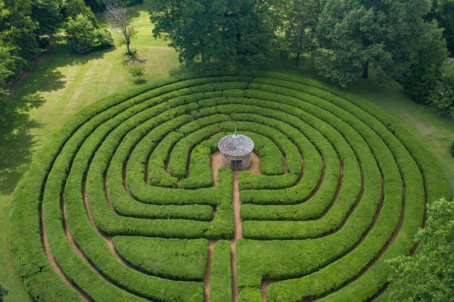 Aerial view of The Labyrinth State Memorial, a maze in a public park in New Harmony, Indiana, United States.