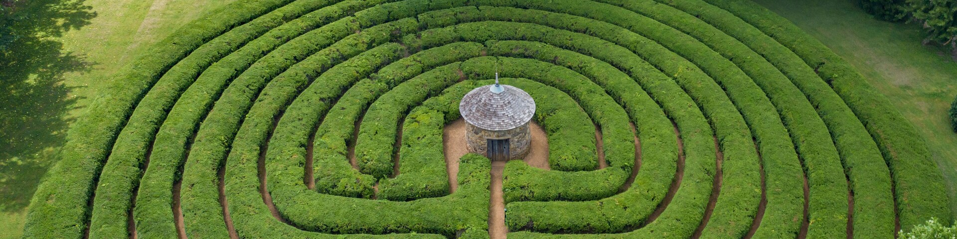 Aerial view of The Labyrinth State Memorial, a maze in a public park in New Harmony, Indiana, United States.