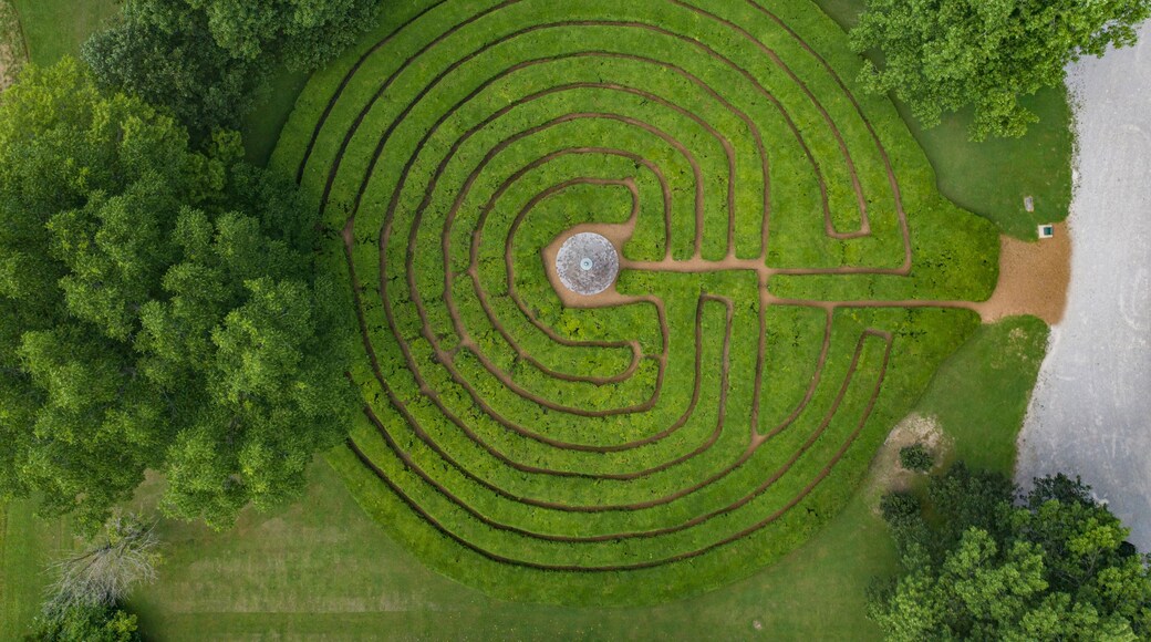 Aerial view of The Labyrinth State Memorial, a maze in a public park in New Harmony, Indiana, United States.