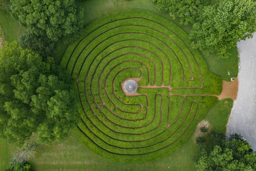 Aerial view of The Labyrinth State Memorial, a maze in a public park in New Harmony, Indiana, United States.
