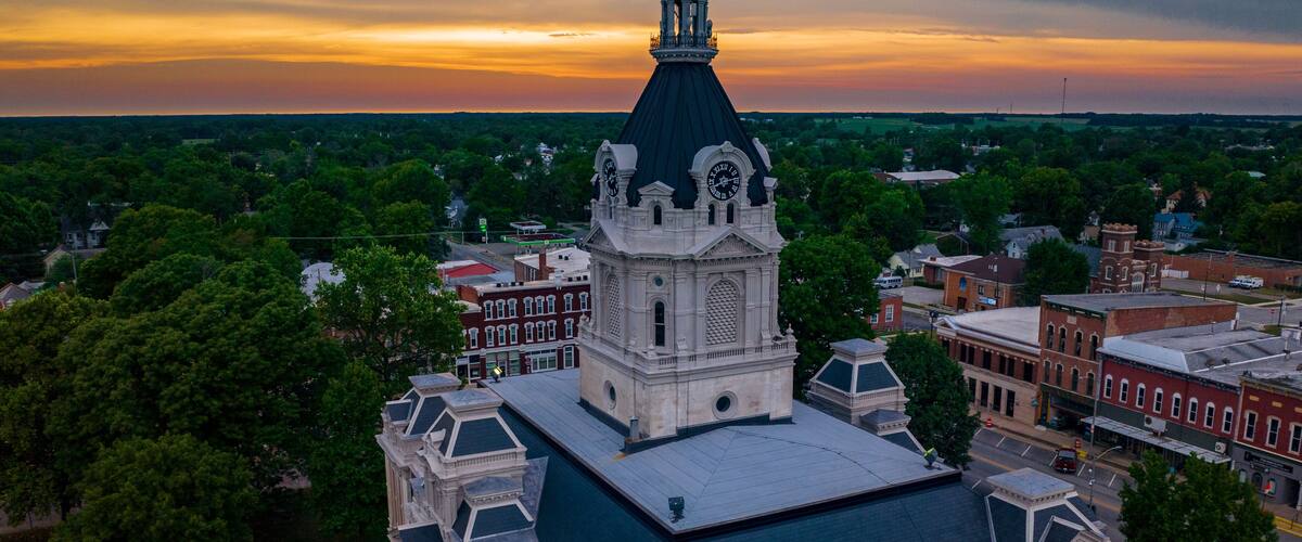 drone view of Parke County Courthosue, Rockville, Indiana