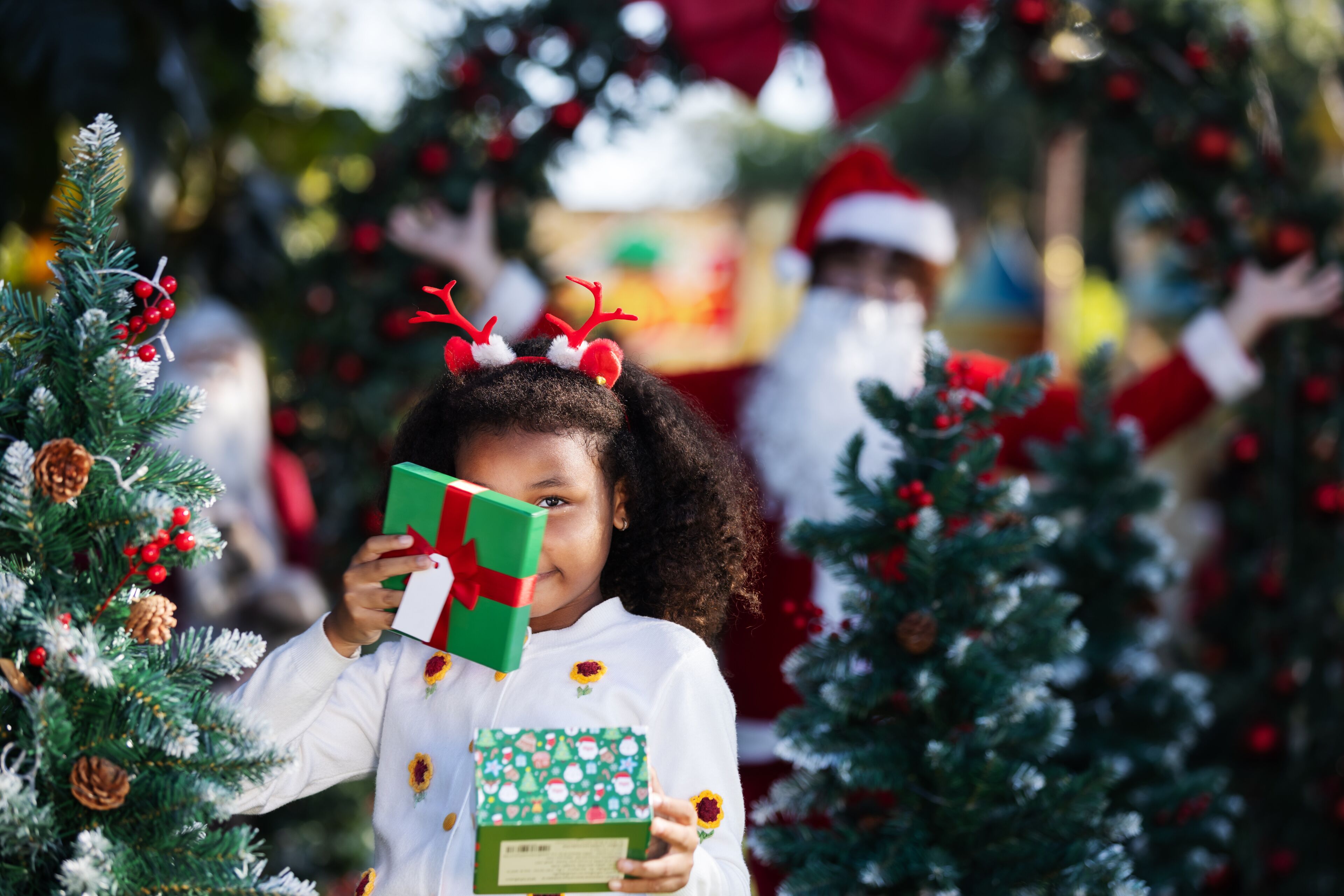 Una persona sostiene una caja de regalo verde con un lazo rojo, de pie frente a un árbol de Navidad decorado.