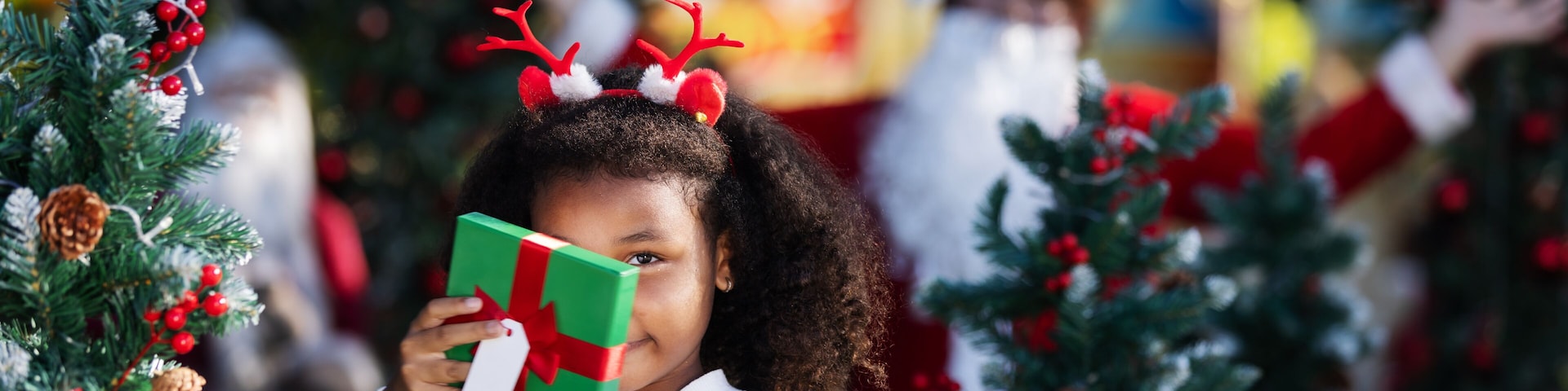 Una persona sostiene una caja de regalo verde con un lazo rojo, de pie frente a un árbol de Navidad decorado.