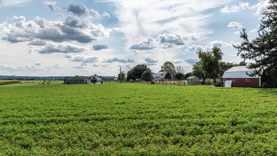 A green field with a barn, a white house, and a red barn under a partly cloudy sky.