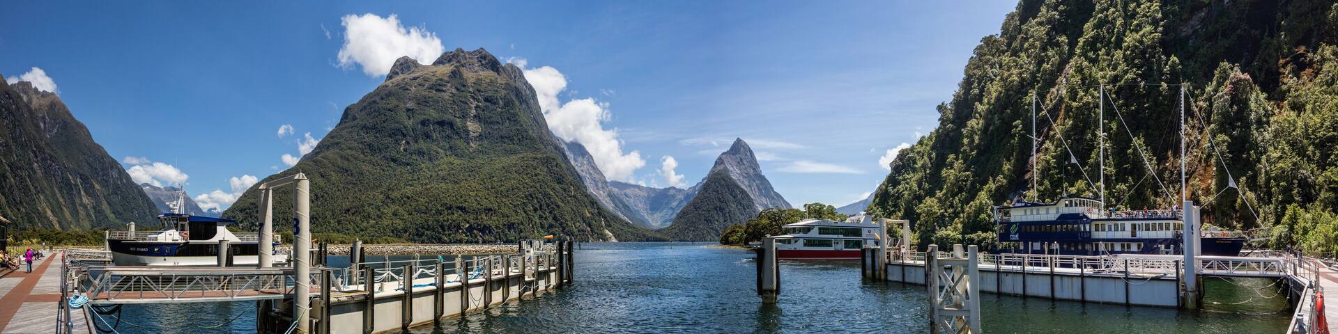 Milford Sound New Zealand December 28th 2014 : Panorama of Milford Sound dock, Fiordland, New Zealand