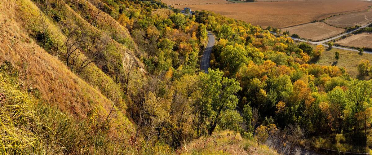 A winding road through a forested valley with autumn foliage.