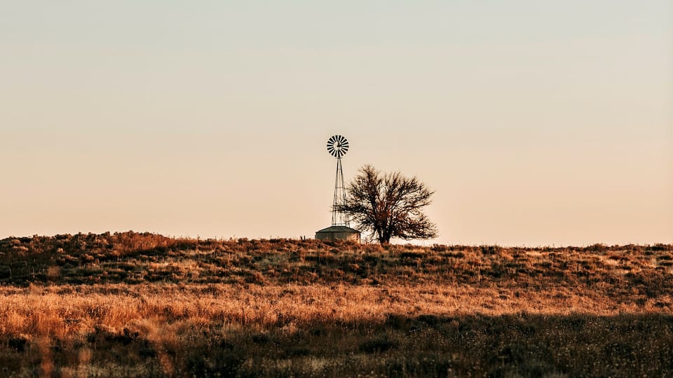 A windmill on a hill with sparse vegetation.