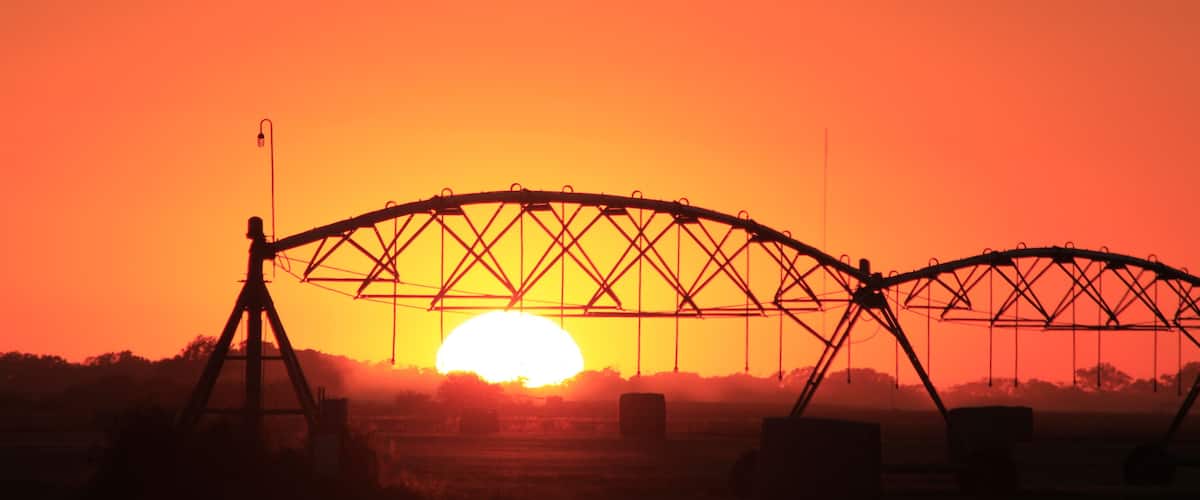 A bridge silhouetted against a sunset with a bright sun near the horizon.