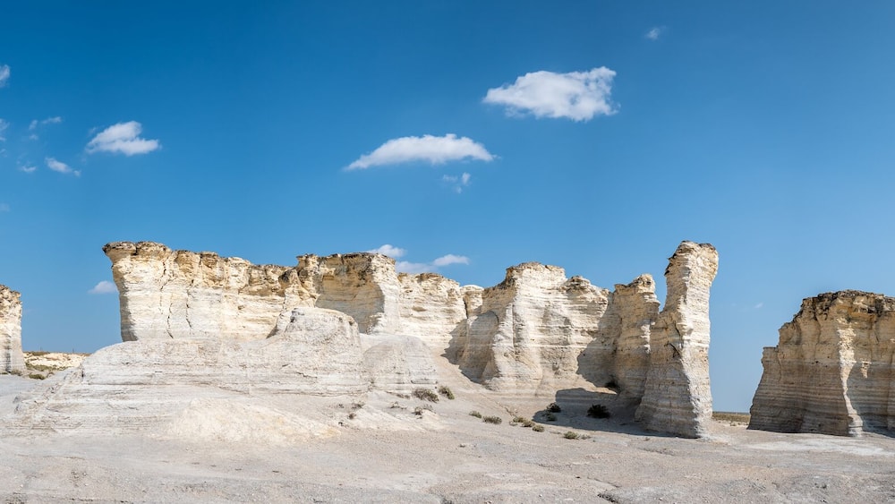 Monument Rocks in Grove County, Kansas. The chalk rock formation is a listed National Natural Landmark.