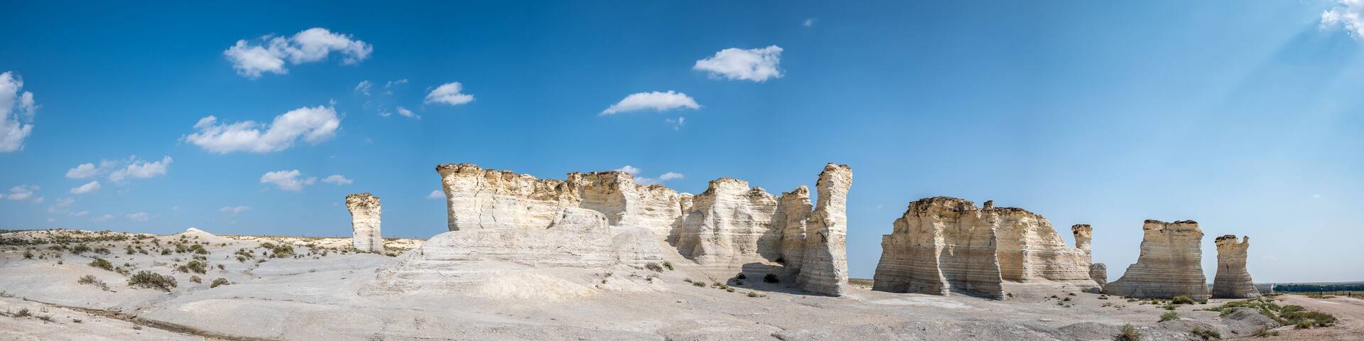 Monument Rocks in Grove County, Kansas. The chalk rock formation is a listed National Natural Landmark.