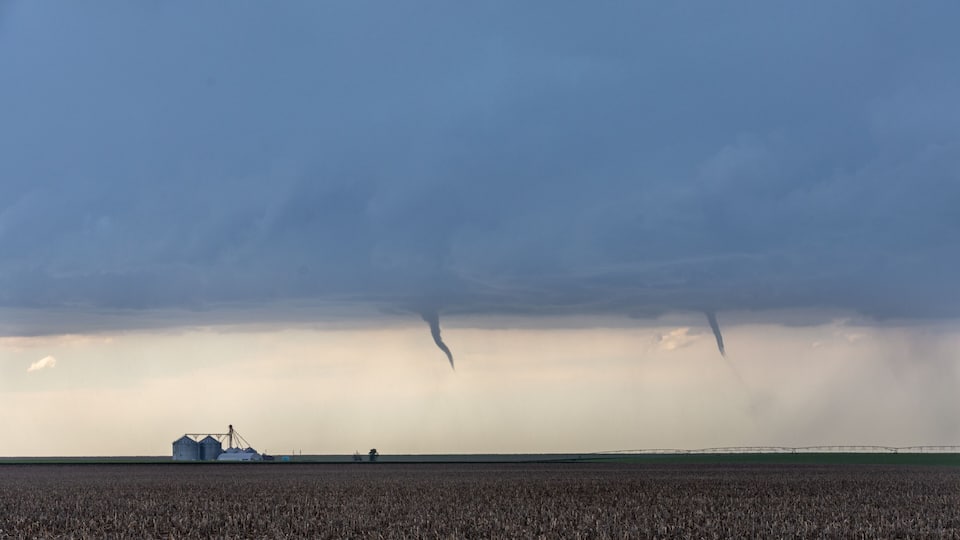 St Francis, Kansas, USA - June 29th, 2019: Developing twin tornadoes in Kansas, USA