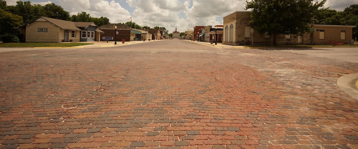 A brick-paved street with buildings on either side, a clear sky, and a large tree in the foreground.