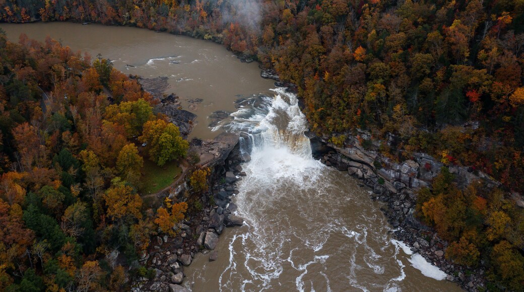 Aerial of Cumberland Falls - Long Exposure of Waterfall in Autumn - Cumberland Falls State Park - Appalachian Mountain Region - Kentucky