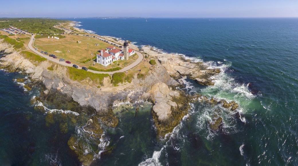 Beavertail Lighthouse in Beavertail State Park aerial view in summer, Jamestown, Rhode Island RI, USA. This lighthouse, built in 1856, at the entrance to Narragansett Bay on Conanicut Island.