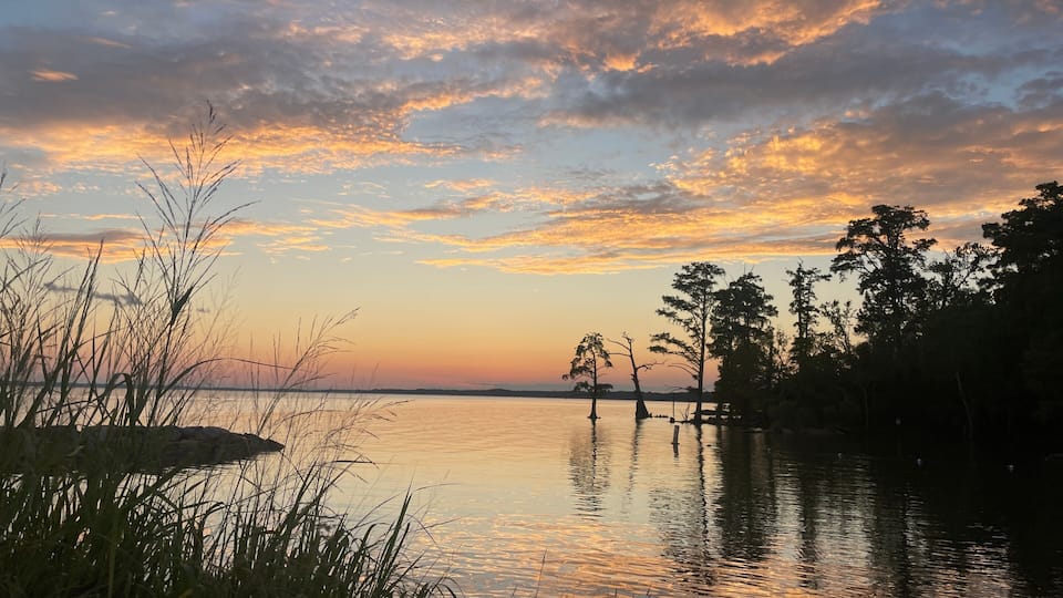 A sunset over a calm lake with trees silhouetted against the sky.
