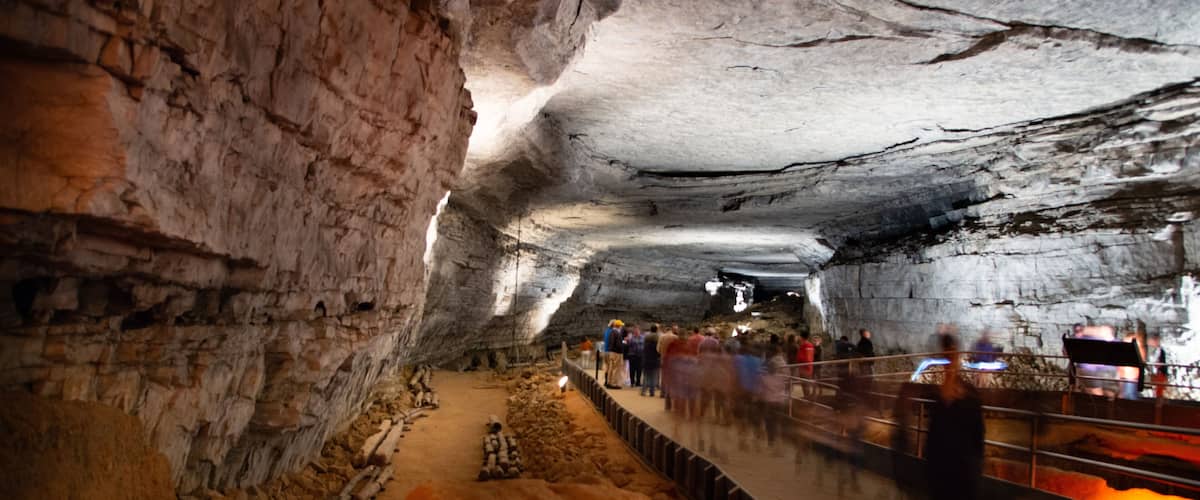 A cave with rock formations and a walkway for visitors.