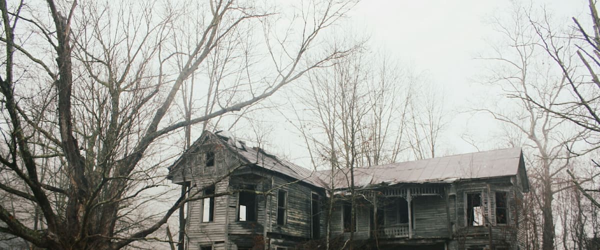 An abandoned, dilapidated wooden house surrounded by overgrown vegetation and leafless trees.