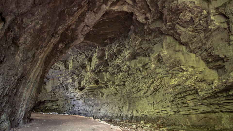 A cave with a natural archway and rocky walls.