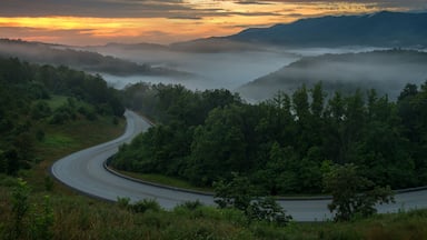 Winding country road at sunrise, Appalachian Mountains