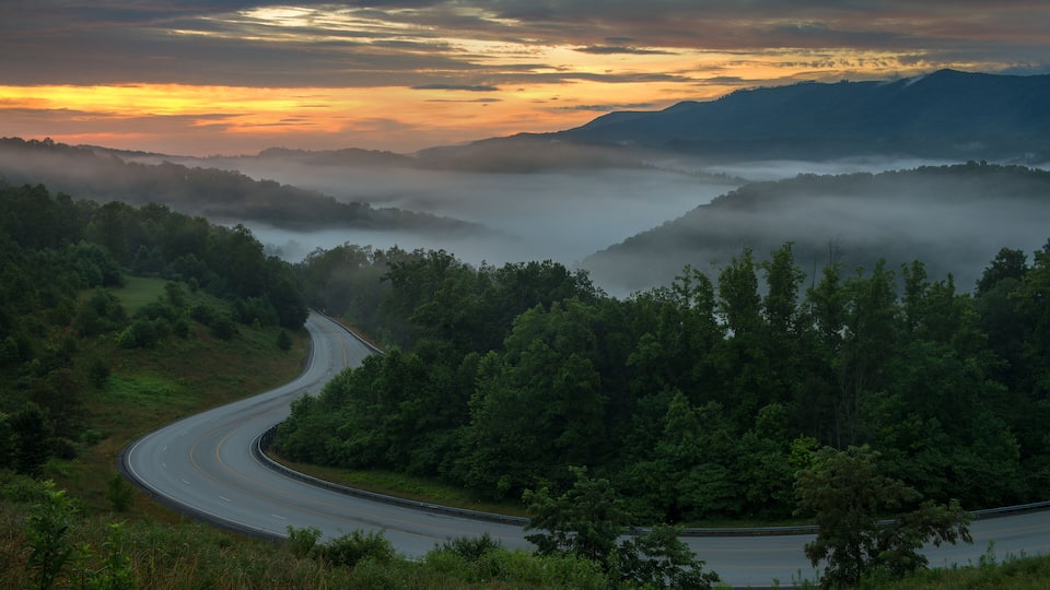 A winding road through a forested valley with mist-covered mountains in the background.