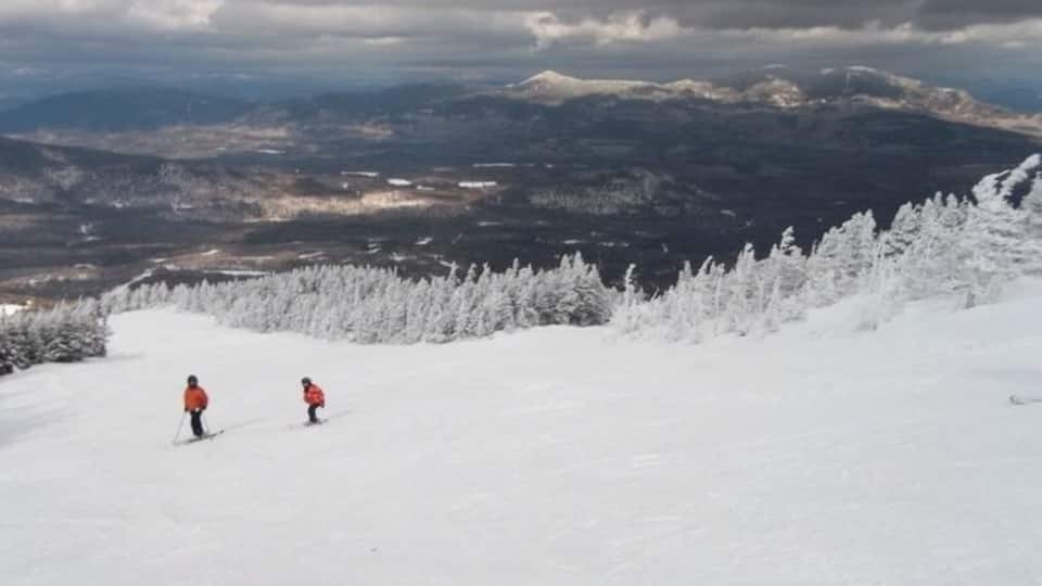 A snowy mountain landscape with two skiers and a forested slope.