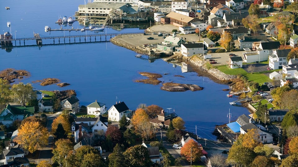 Aerial view of Boothbay Harbor on Maine coastline