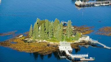 Aerial view of Boothbay Harbor and island on Maine coastline