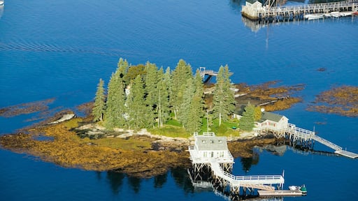 Aerial view of Boothbay Harbor and island on Maine coastline