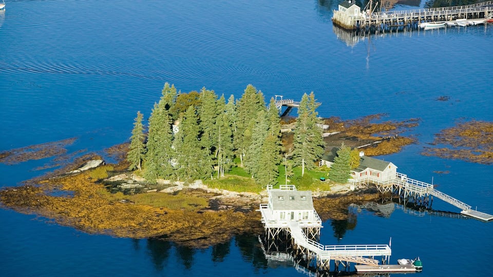 Aerial view of Boothbay Harbor and island on Maine coastline