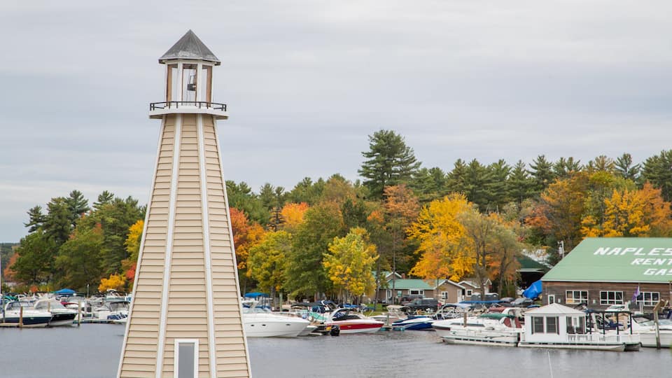 A lighthouse, boats, and autumn trees by a marina.