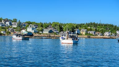 Maine Lobster Boats Anchored in a Bay in Front of a Quaint New England Village
