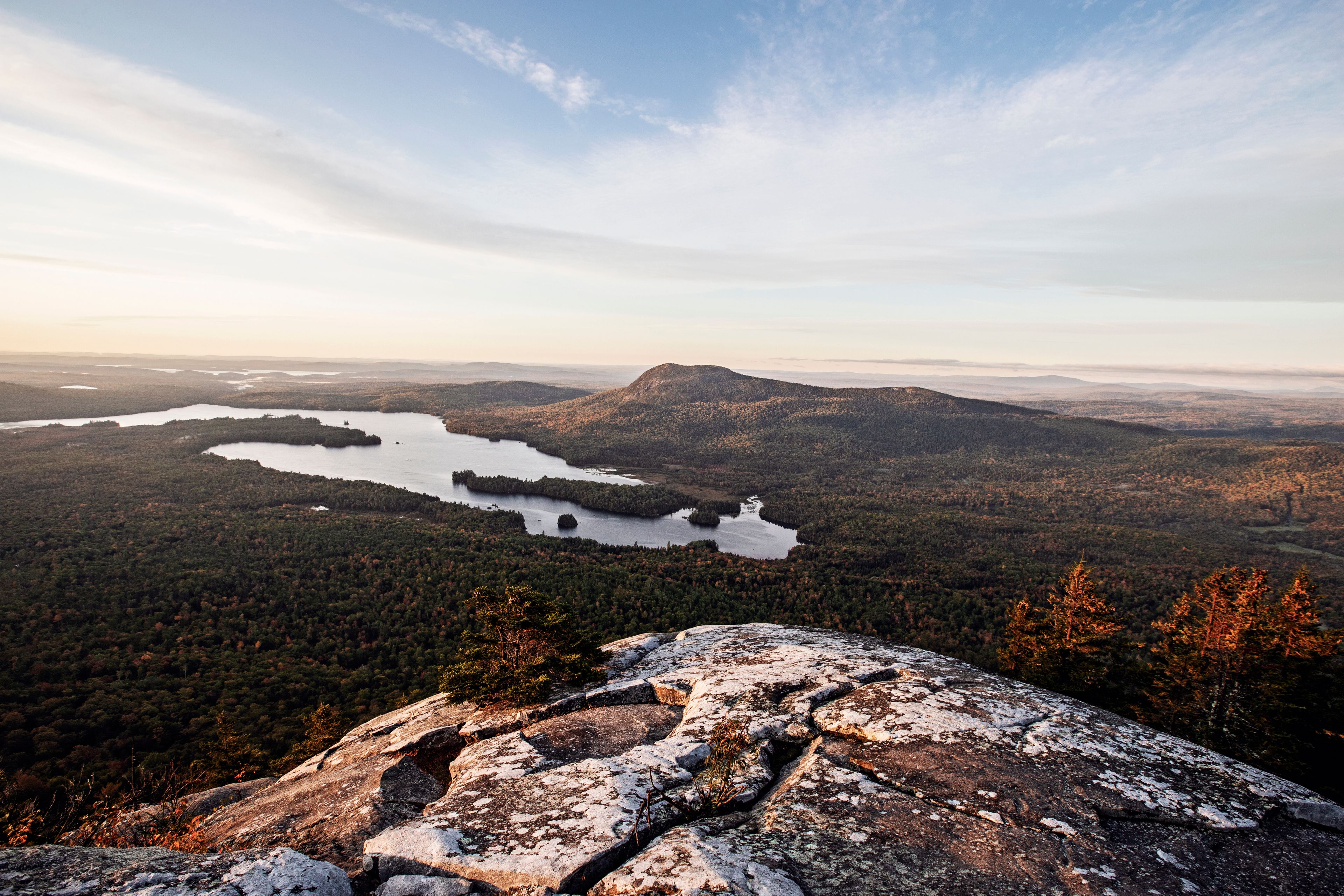 View of Borestone Mountain and Onawa Lake, Maine at sunrise