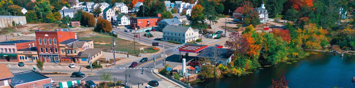 Aerial Drone Photography Of Downtown South Berwick, ME (Maine) During The Fall Foliage Season