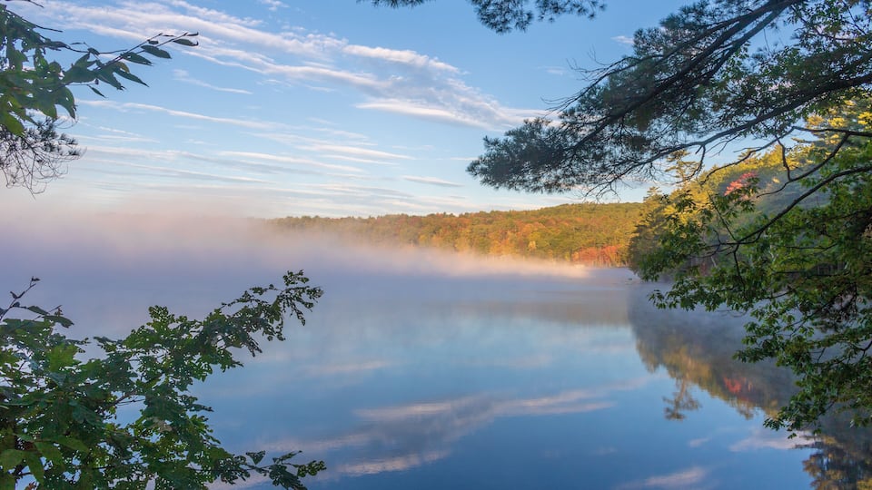 A calm lake surrounded by trees with autumn foliage, reflecting the sky and trees.