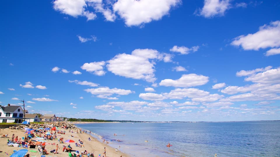 A beach with people sunbathing and swimming, houses along the shore, and a clear blue sky with clouds.