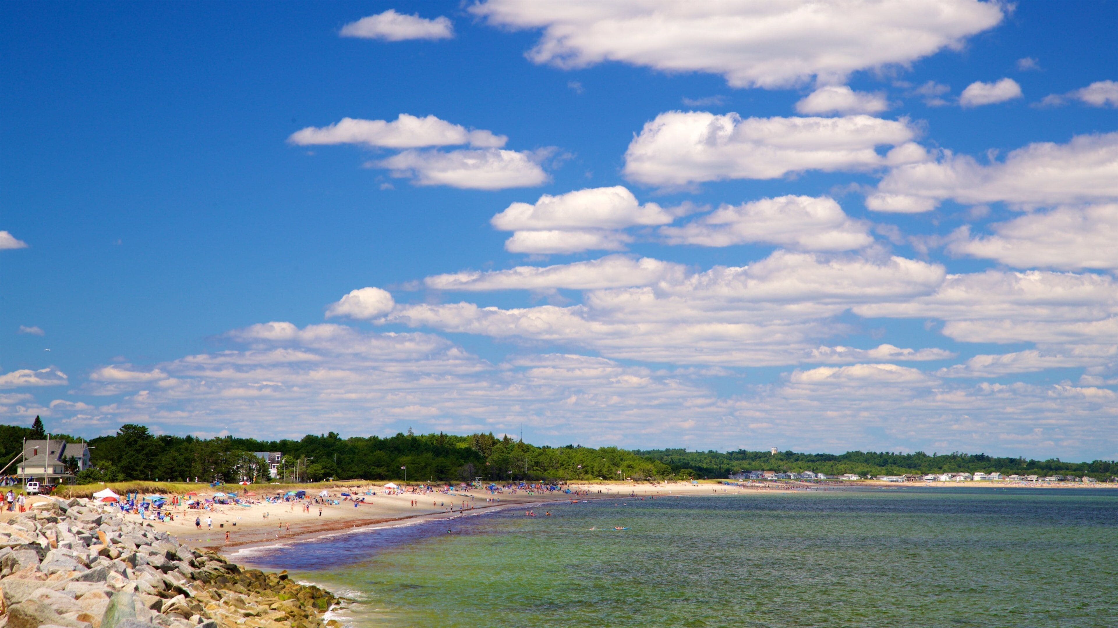 A beach with clear water, a rocky shoreline, and a line of trees in the background.