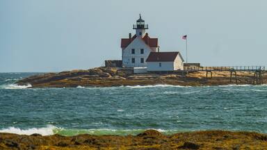 Cuckold Lighthouse built in 1896 at the entrance to Boothbay Harbor visible from the tip of Southport Island