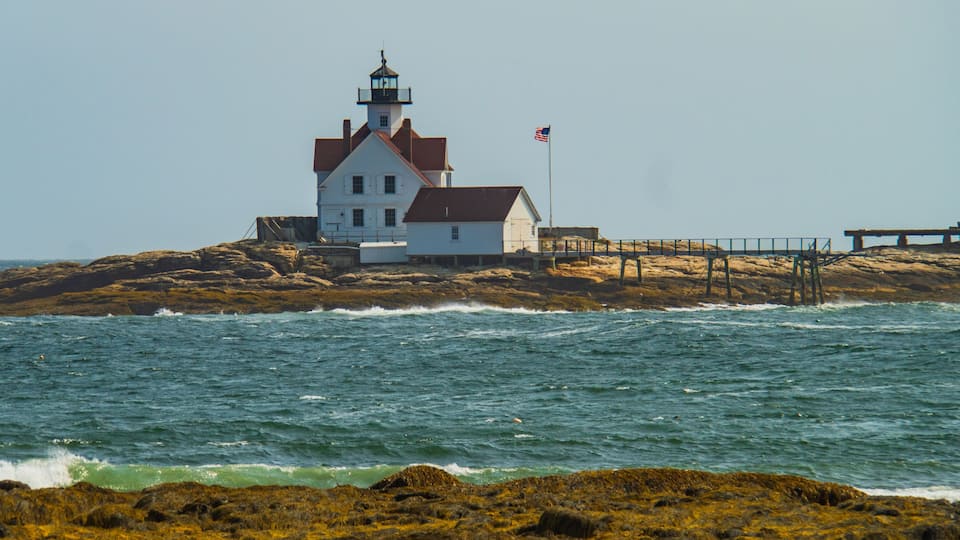 Cuckold Lighthouse built in 1896 at the entrance to Boothbay Harbor visible from the tip of Southport Island