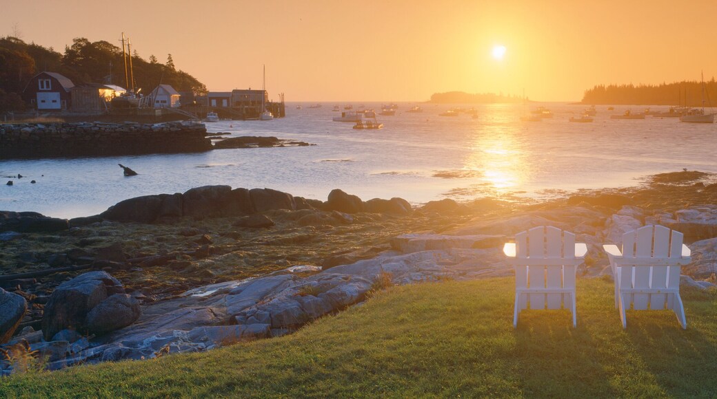 Lawn chairs at sunrise at Lobster Village, Tenants Harbor, Maine